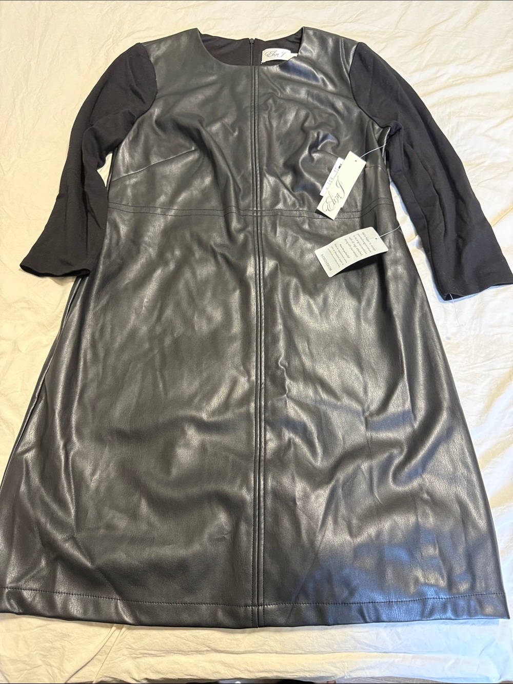 Eliza J Black Faux Leather A-Line Jacket Dress with Knit Sleeves